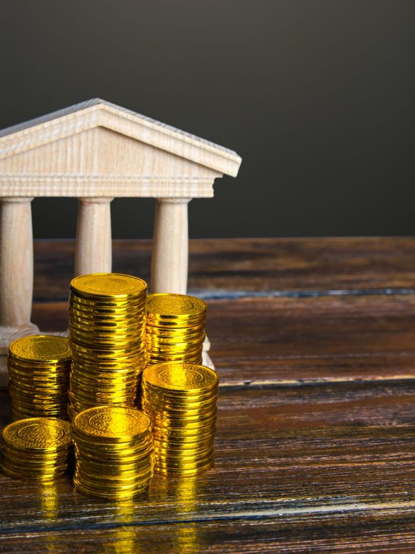 Bank building and coins stacks. State debt. Budget. Tax collection. Investments in education, museums and libraries, government institutions. Bank capitalization. Financial system, commerce and trade.